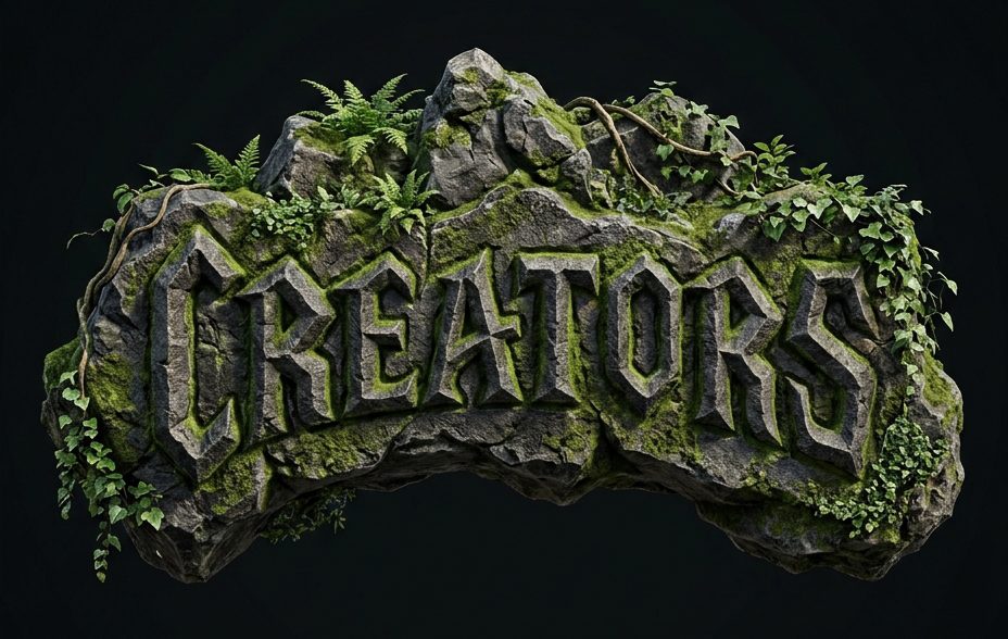 The word CREATORS carved into a mossy stone slab